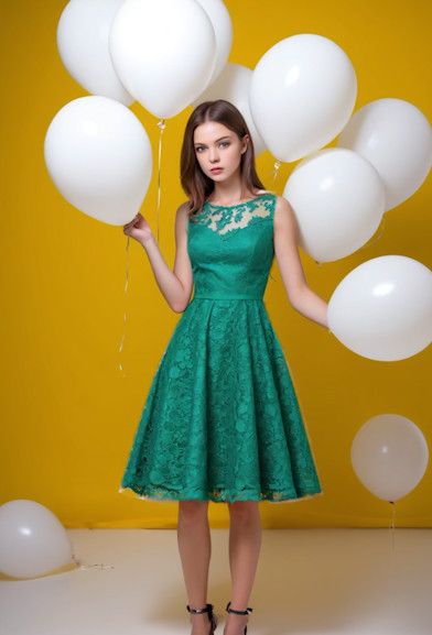 1girl green dress floral lace little white edge