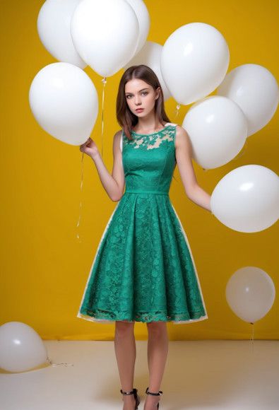 1girl green dress floral lace white edge