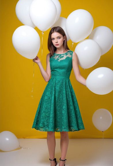 1girl green dress floral lace
