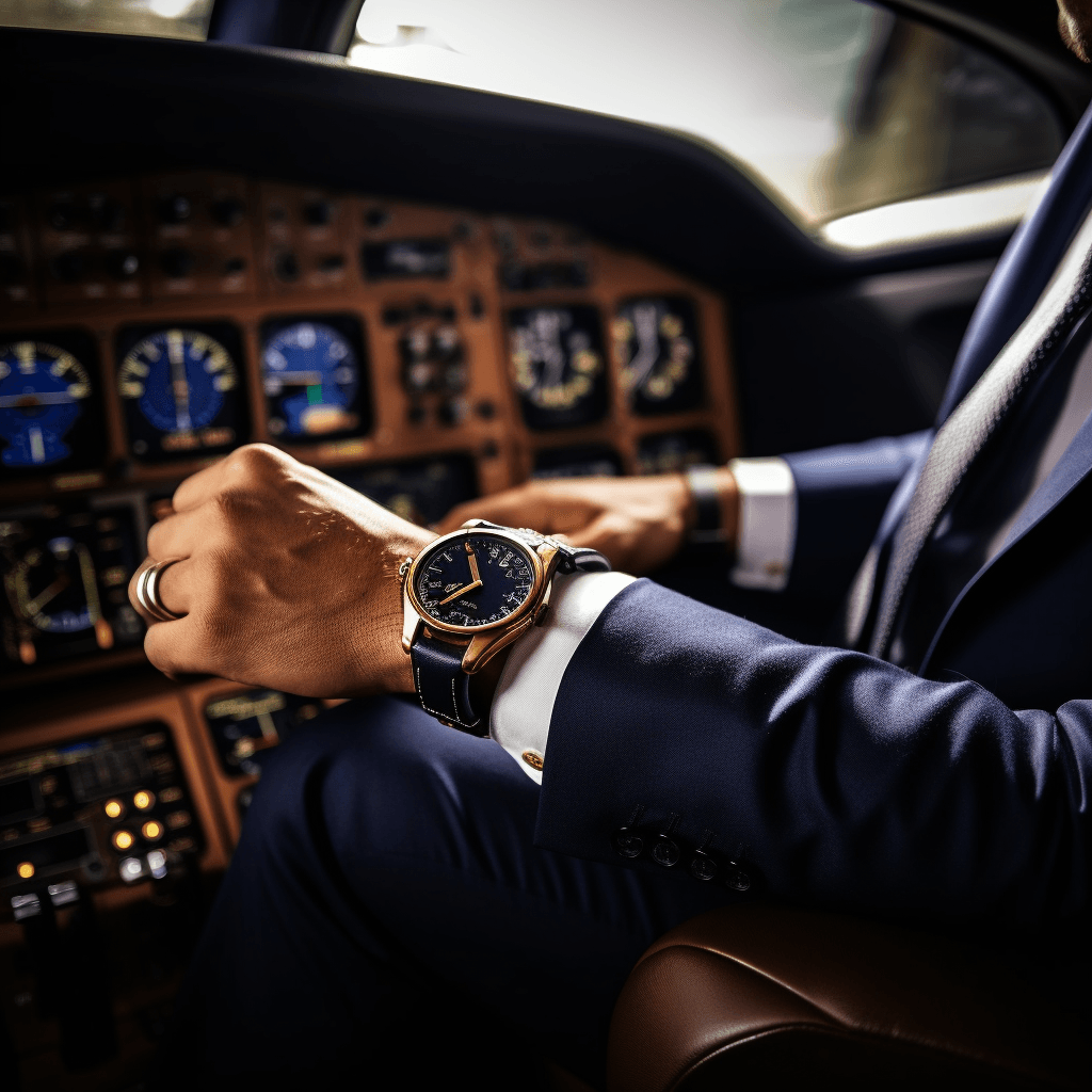 A close-up shot of a watch being held by a pilot by midjourney