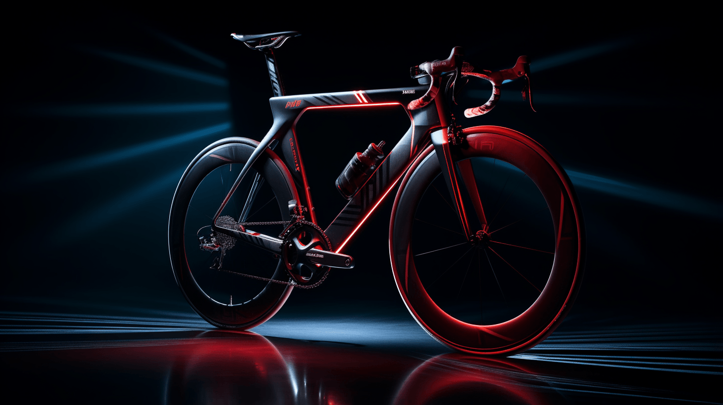 A high-end bicycle frame bathed in dynamic laser by midjourney