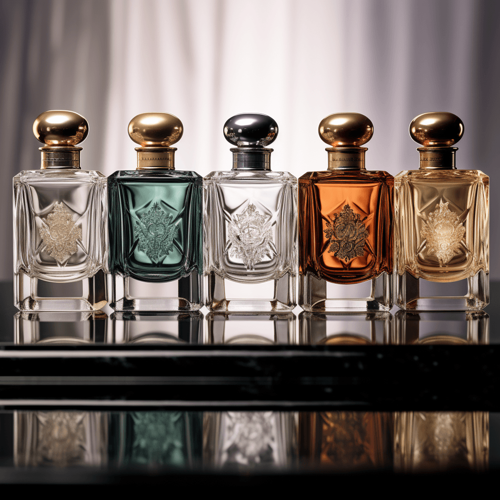 A row of artisanal perfumes in elegant glass by midjourney