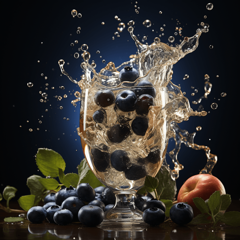 Blueberries splashing into sparkling wine by midjourney