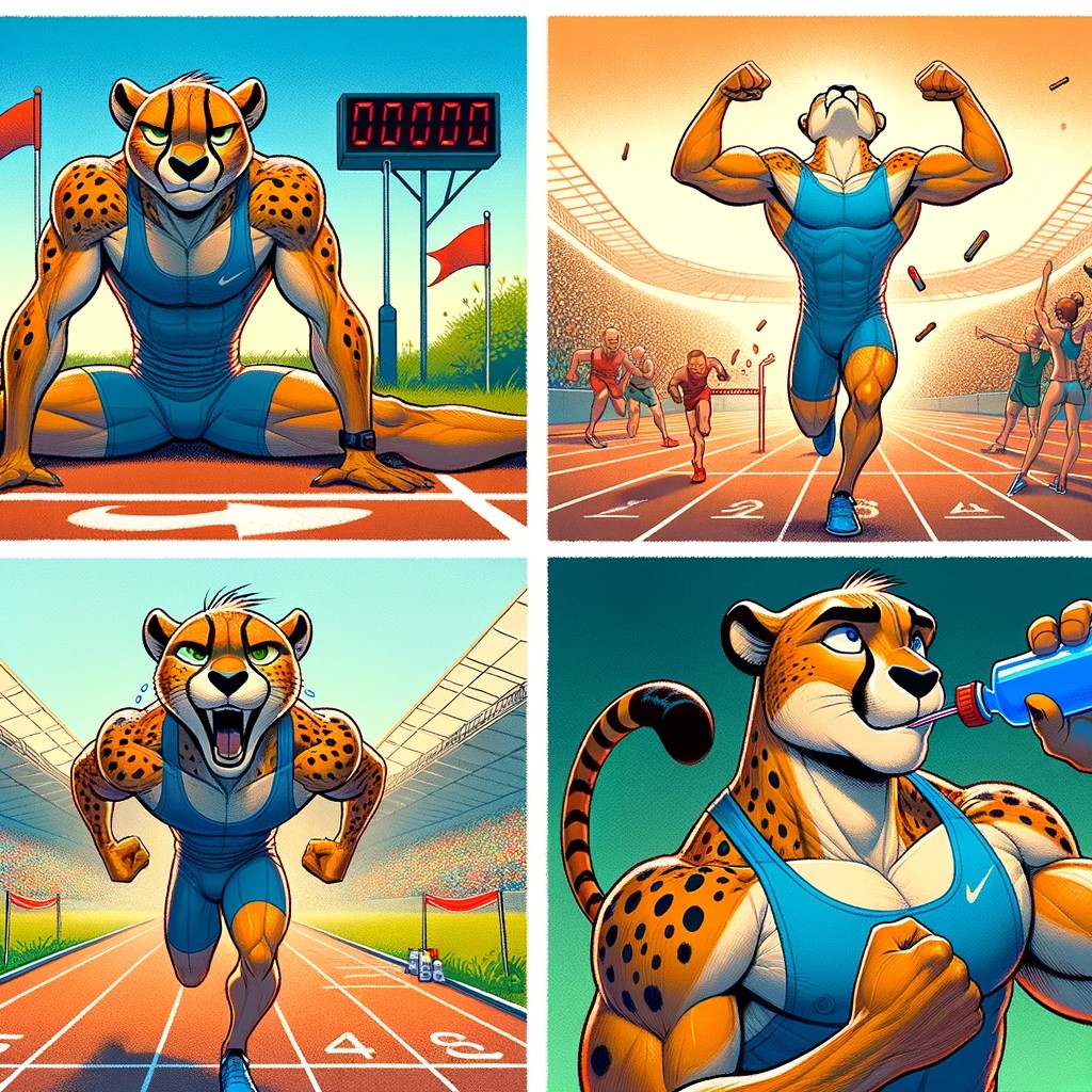 Cartoon montage of a cheetah track athlete by dalle 3