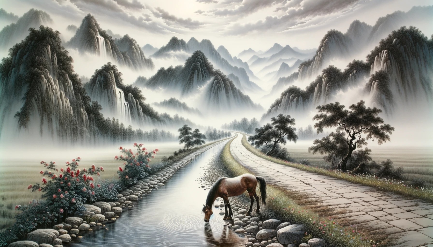 Chinese ink painting capturing a serene moment on an ancient road by dalle 3