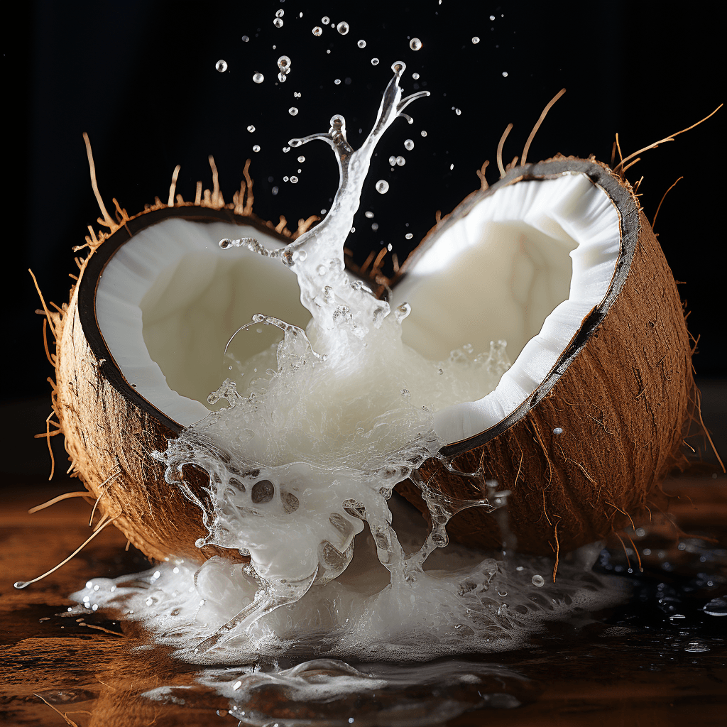 Coconut bursting open milk splashing outward by midjourney