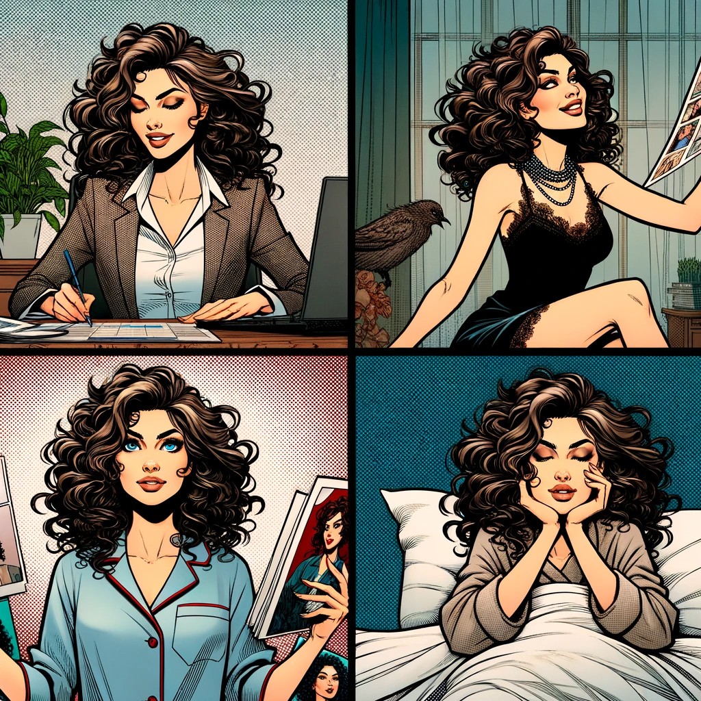 Comic strip of a young woman with curly hair by dalle 3