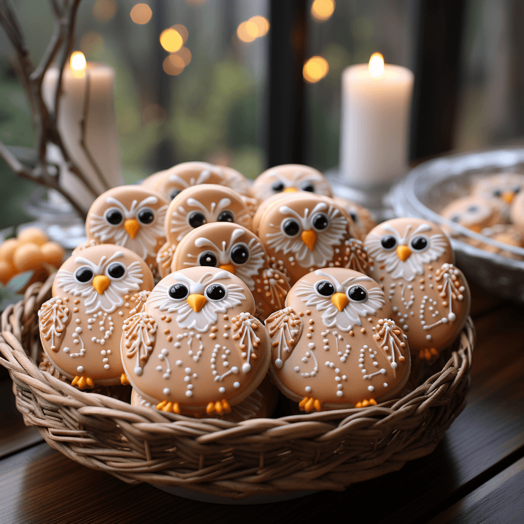 Cookies decorated as owls details by midjourney