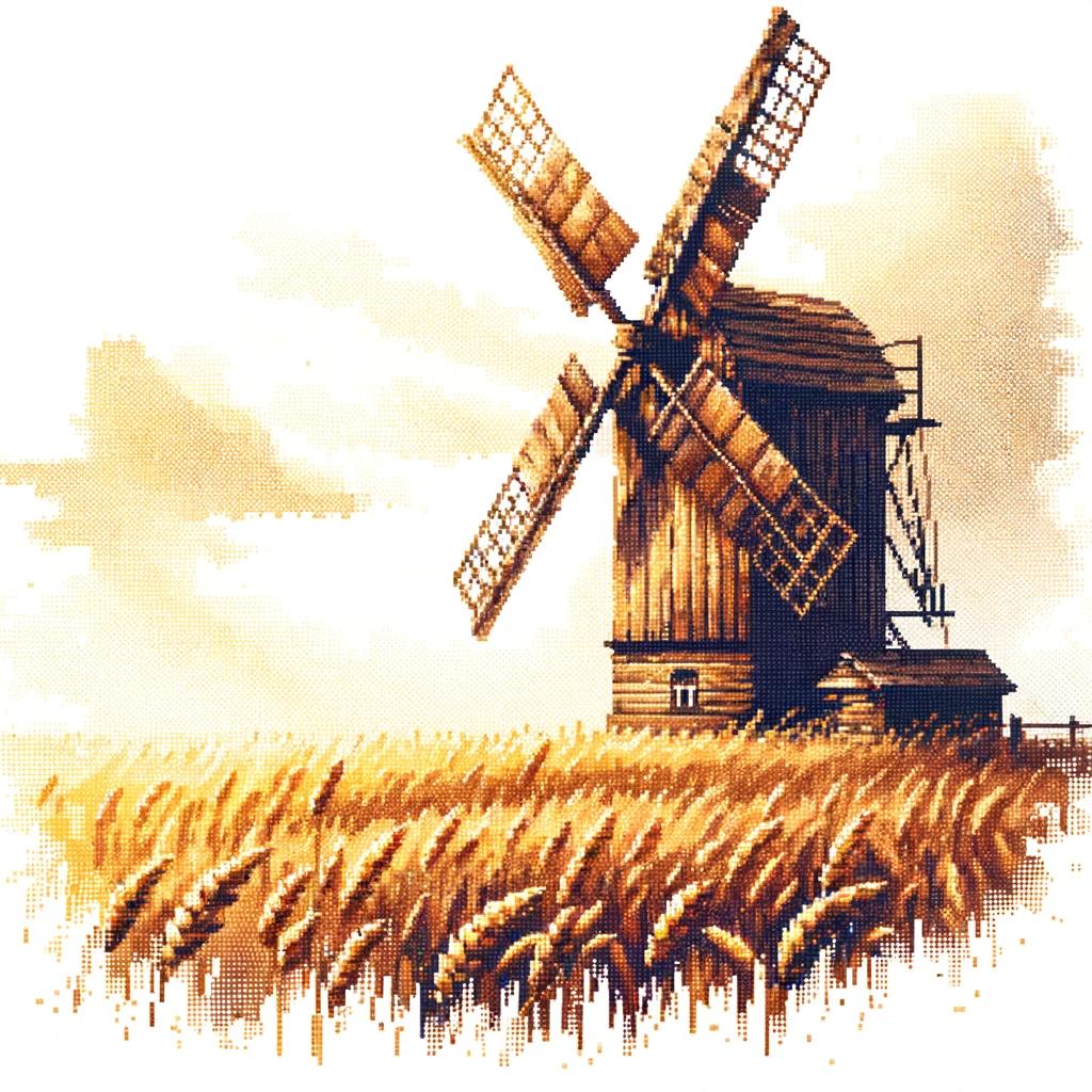 DALL·E 2023-11-03 16.43.02 - A watercolor pixel art depicts an old, rustic windmill standing proudly in the midst of a golden wheat field. The windmill, with its weathered wooden 
