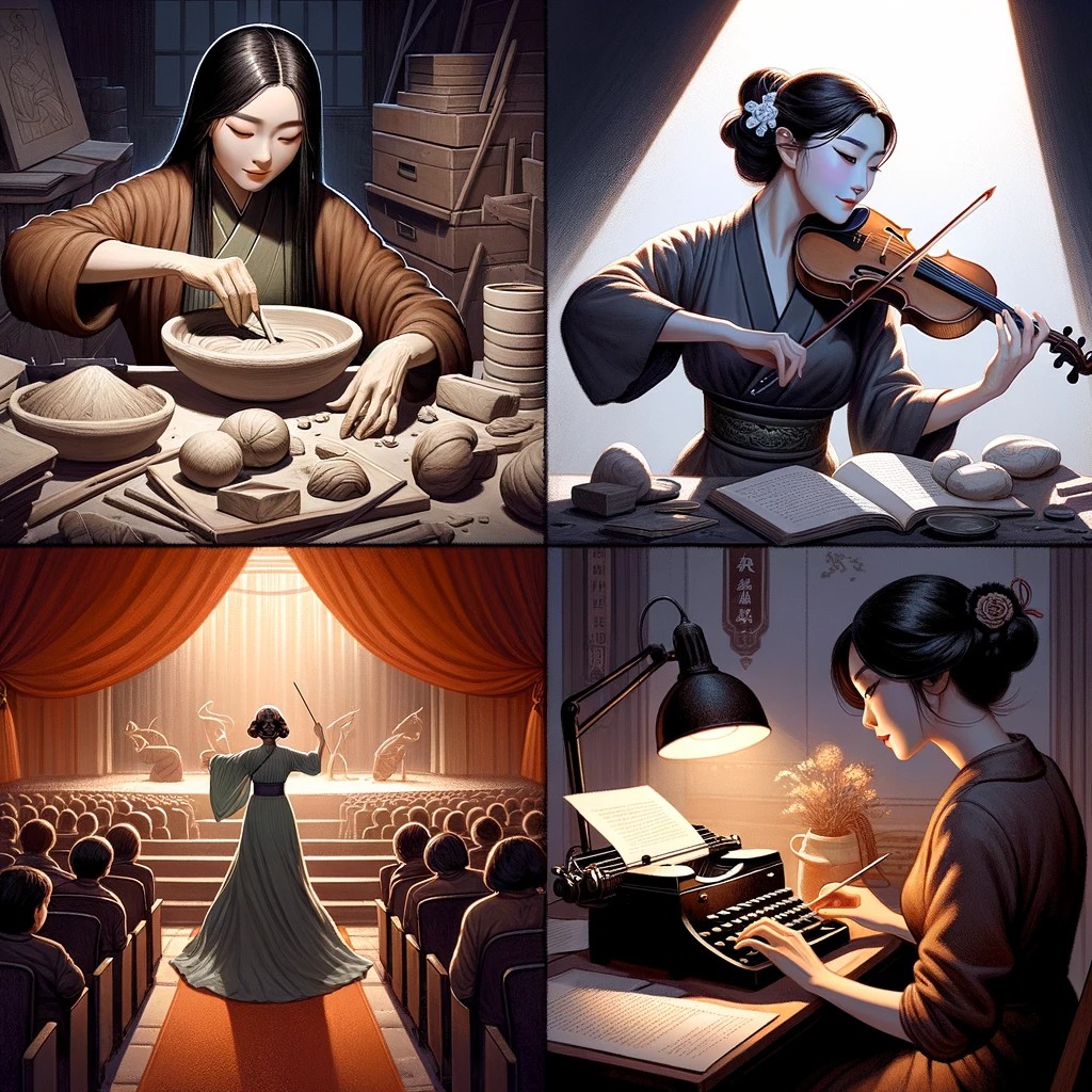 Illustration montage featuring a Chinese woman's artistic pursuits by dalle 3