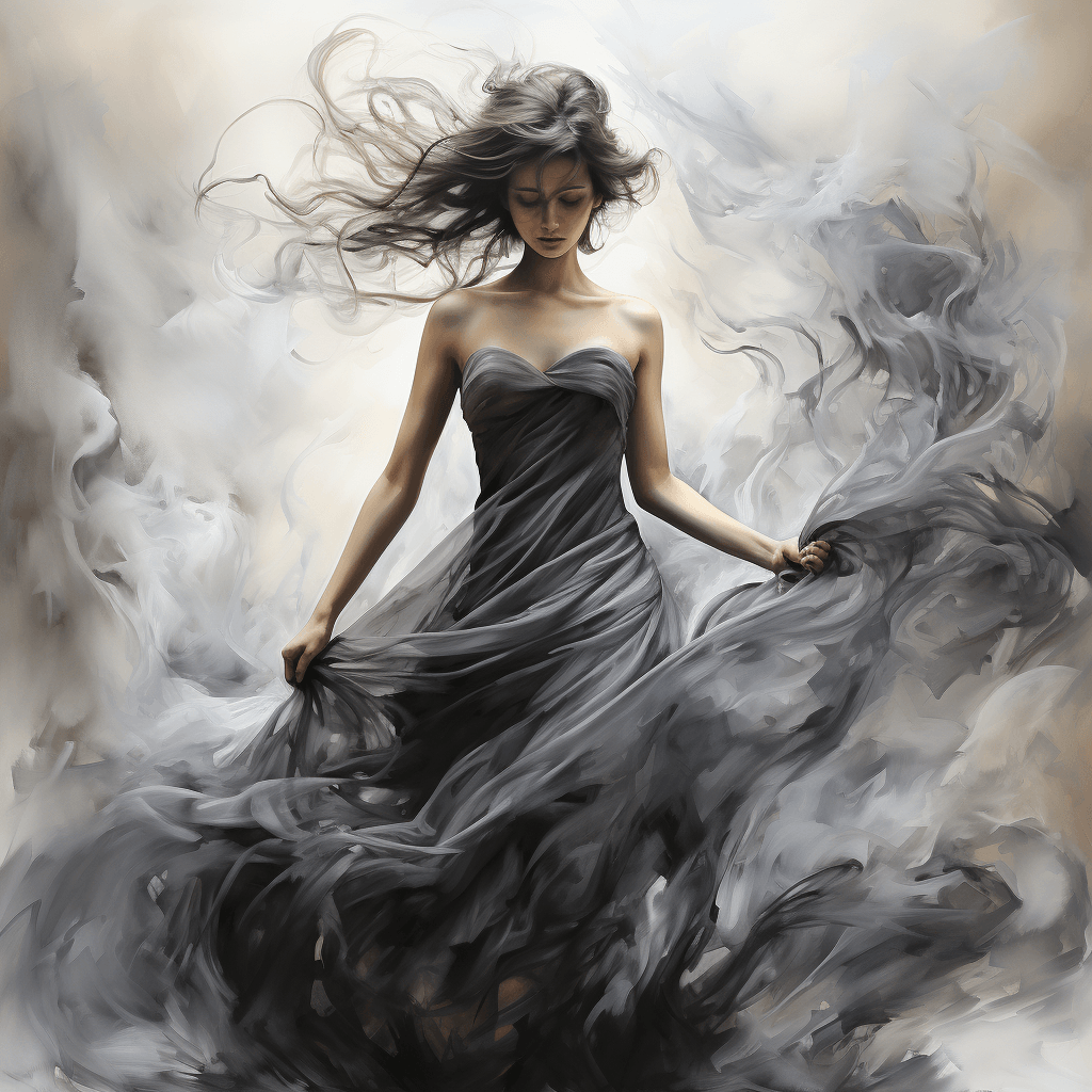 Ink art of graceful dancing girl flowing dress by midjourney
