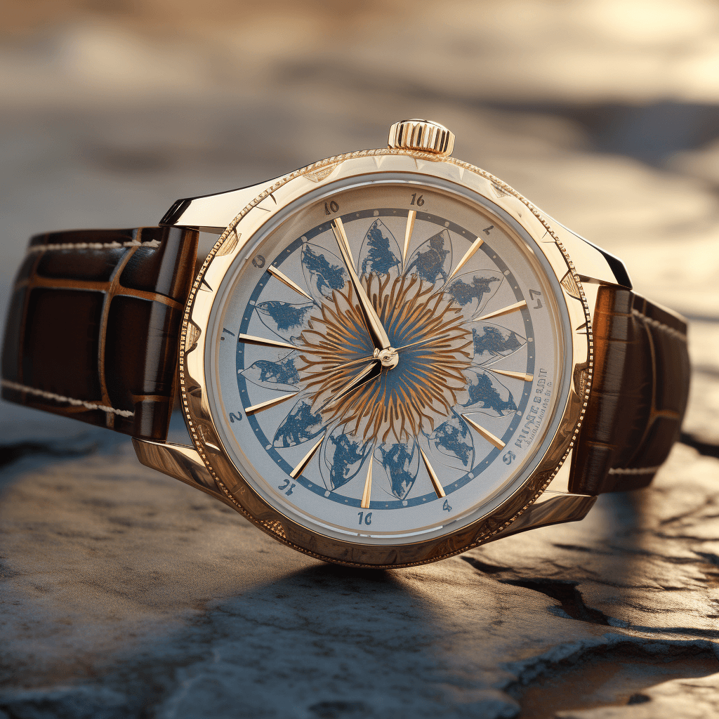 Luxury wristwatch intricate dial wiht sunburst by midjourney
