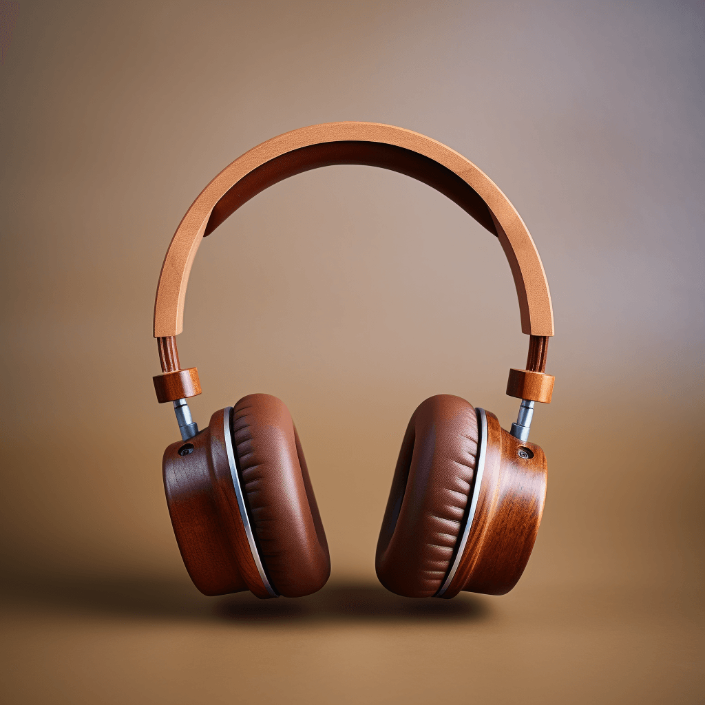 Minimalist product photography of a pair of wooden headphones by midjourney