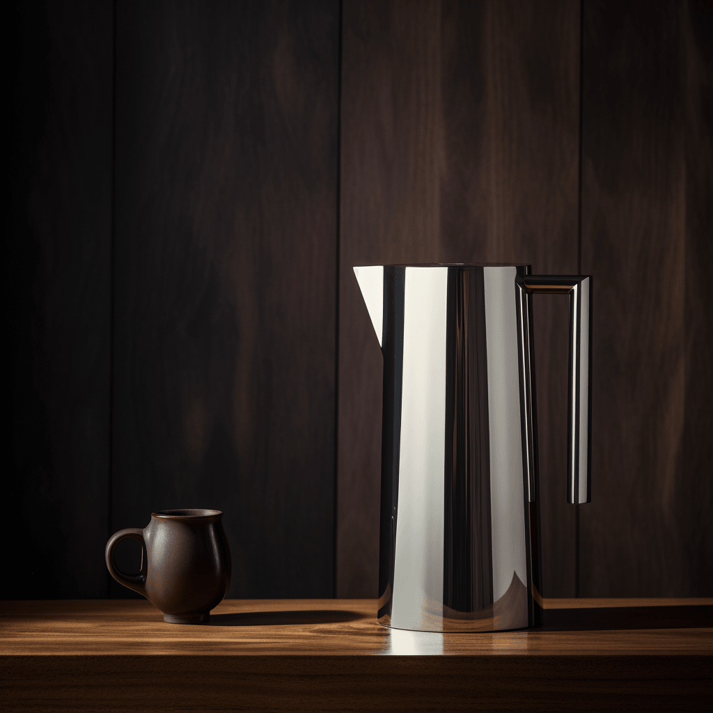Minimalist product photography of stainless steel water filter pitcher by midjourney