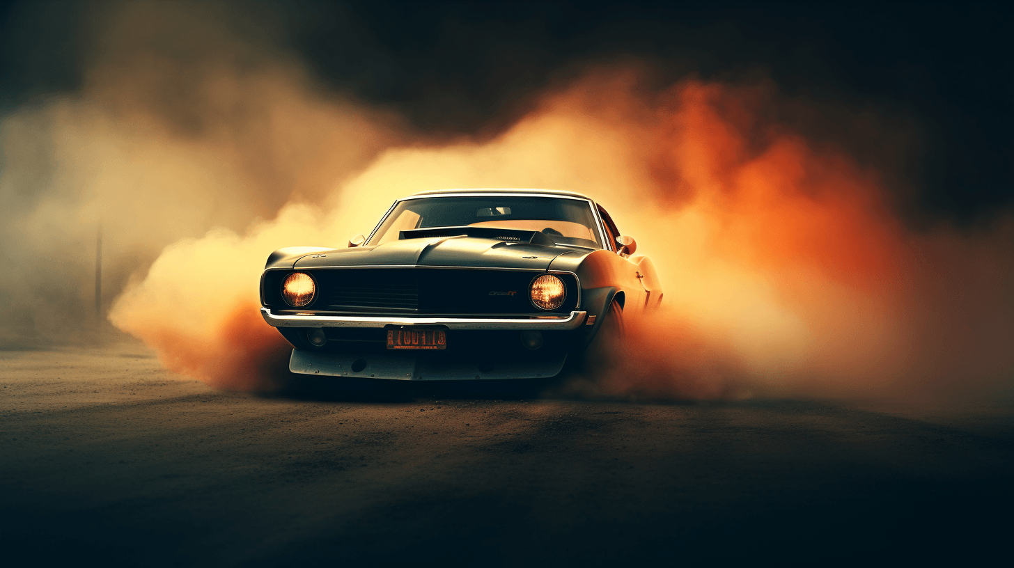 Muscle car drifts on misty racetrack tires by midjourney