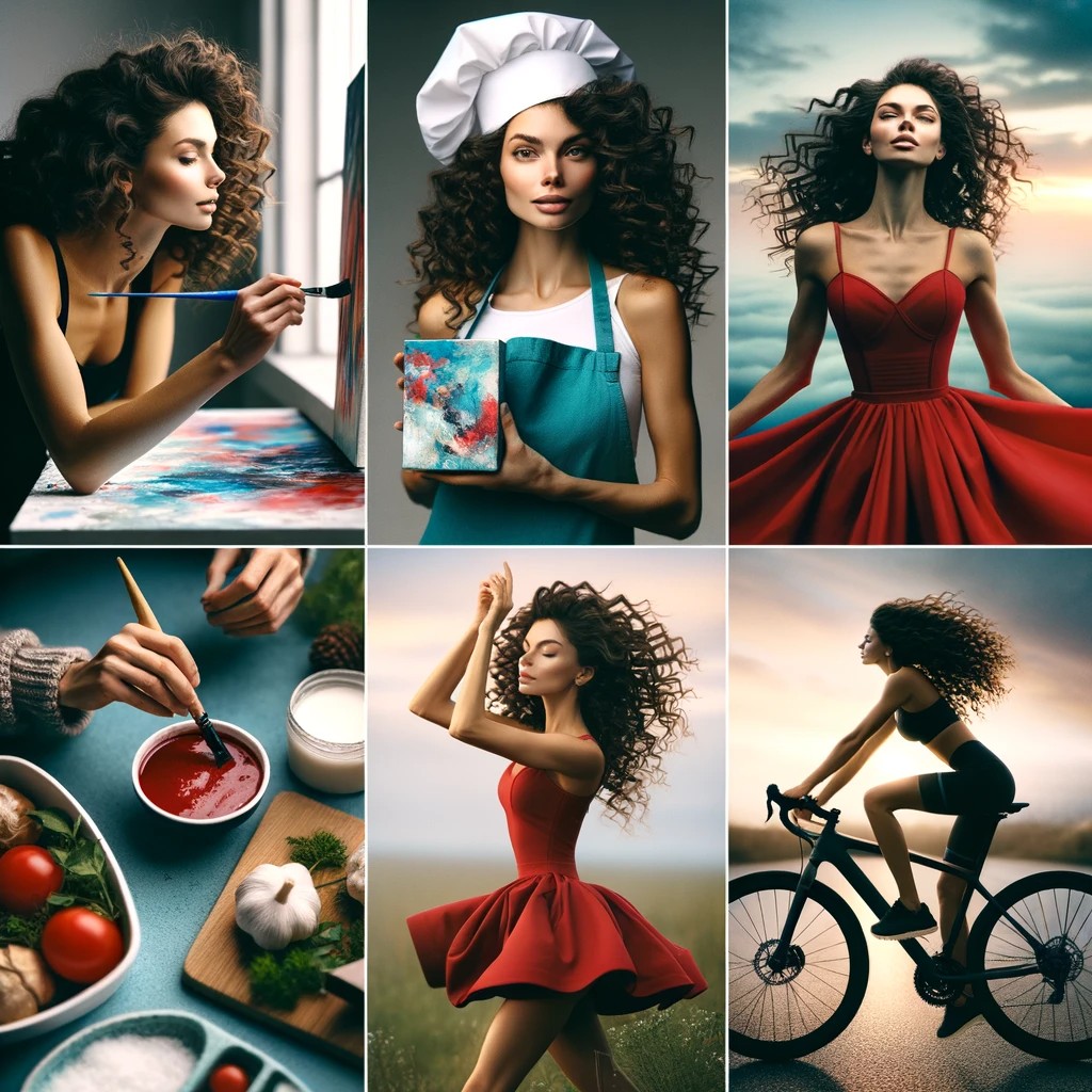 Photo grid of a young woman with curly hair by dalle 3