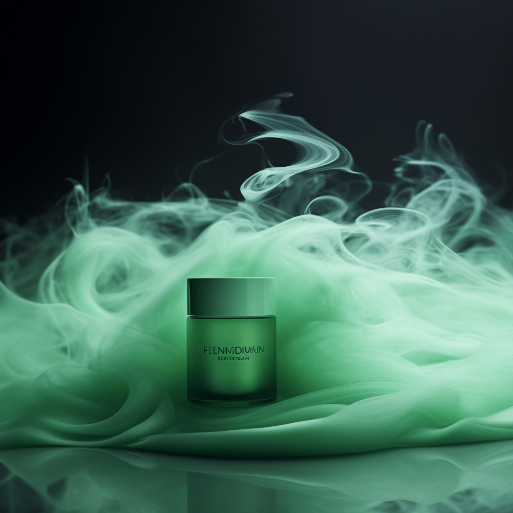rolling waves of mint green smoke highlighting a luxury skincare product