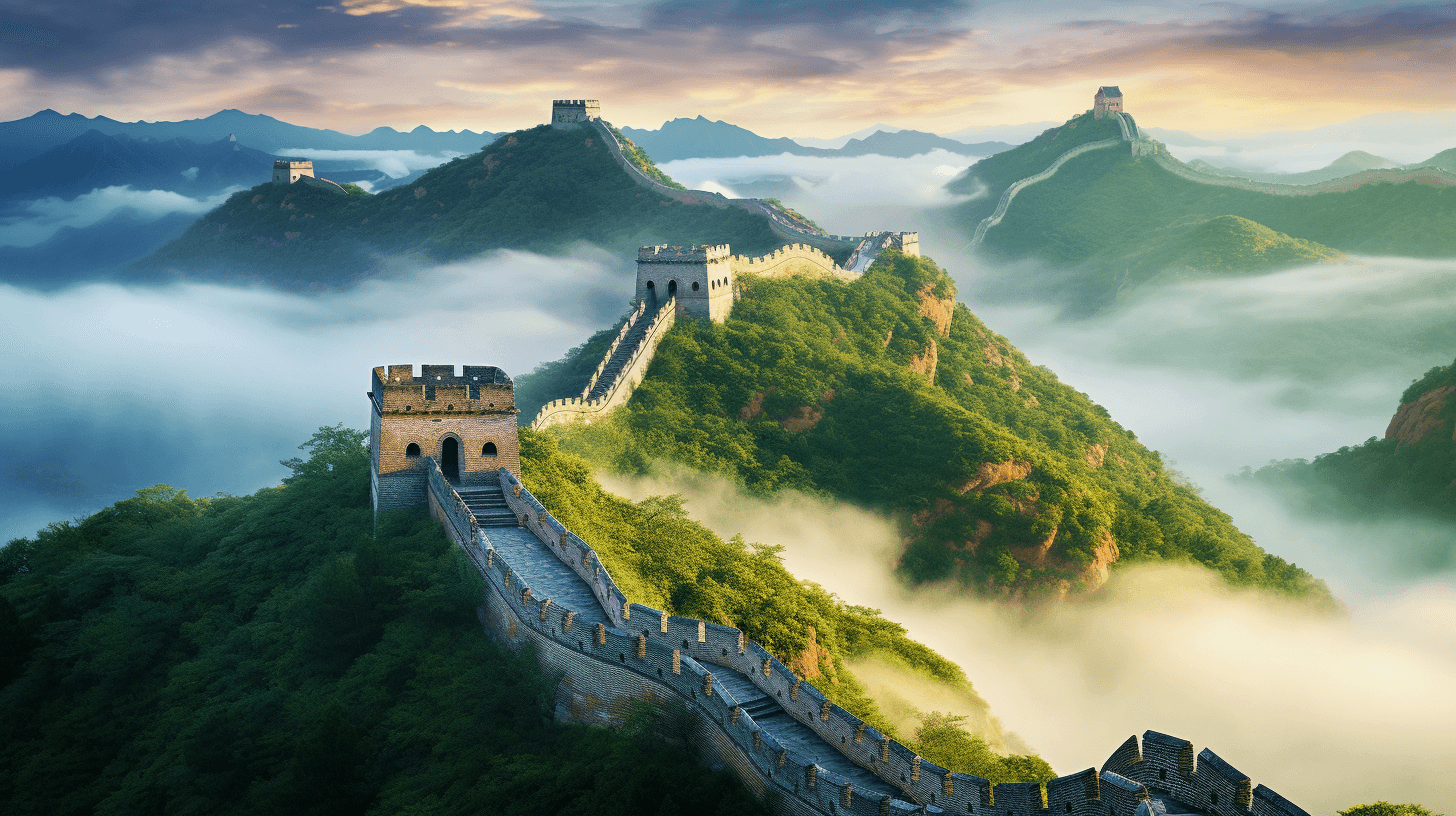 The Great Wall of China winding through a mist by midjourney
