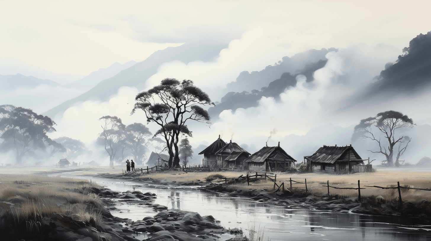 Traditional ink painting of a serene village by midjourney