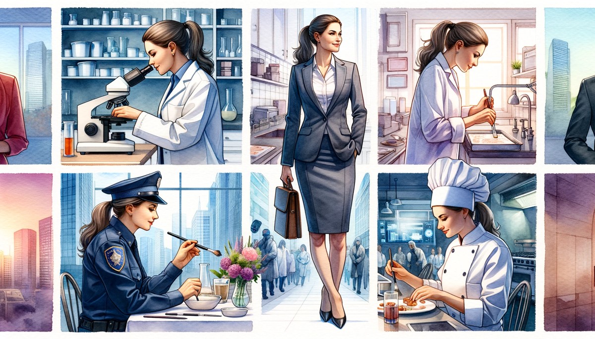 Watercolor panorama of a woman pursuing various careers by dalle 3