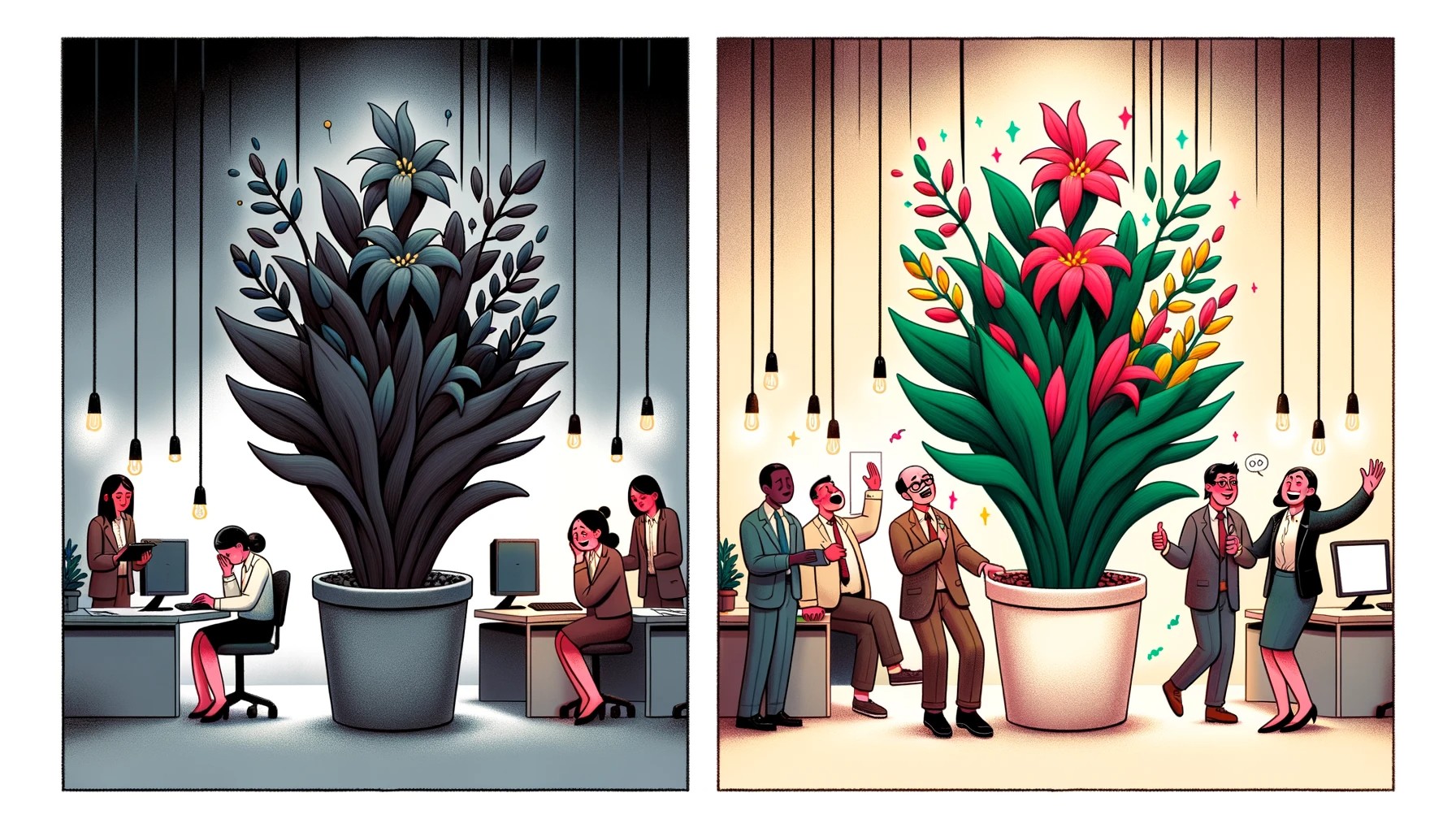 Wide illustration showcasing two distinct scenarios side by side by dalle 3