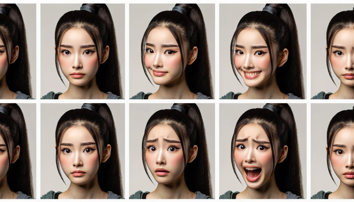 Wide photo arrangement featuring 6 frames of a 20-year-old Chinese woman by dalle 3