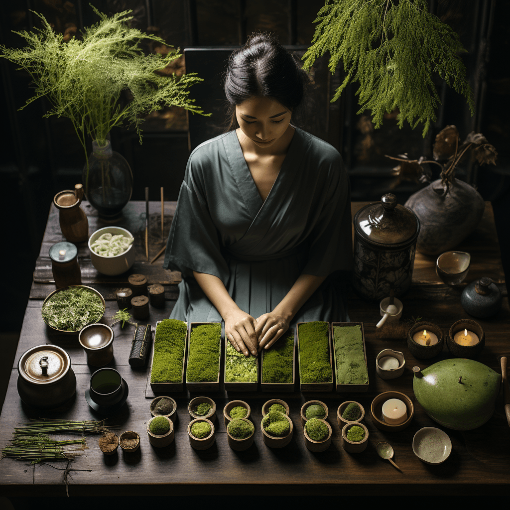 Woman lush green tea ceremony setup matcha by midjourney