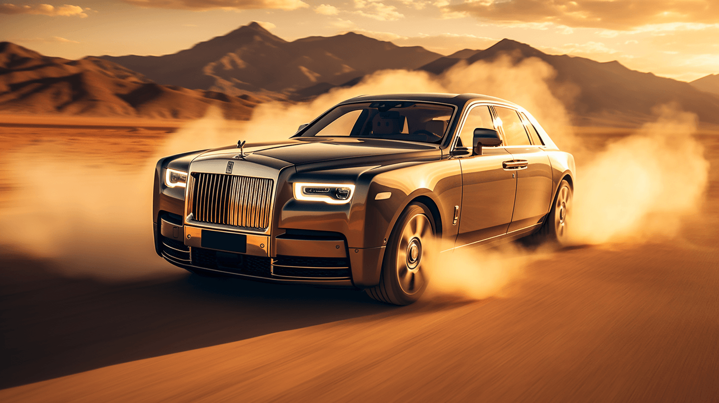 a Rolls Royce races on a desert highway leaving by midjourney