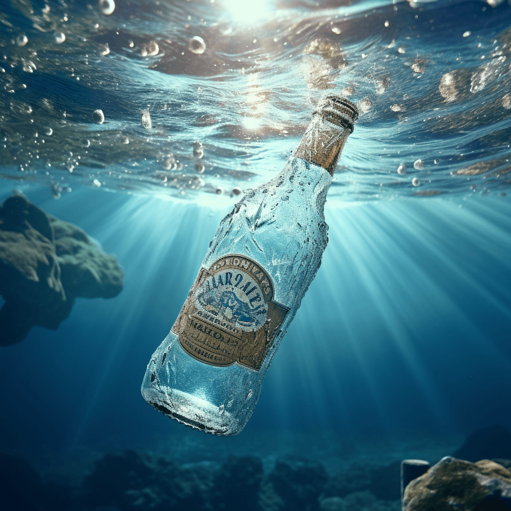 a bottle of beer plunging into clear blue water by midjourney