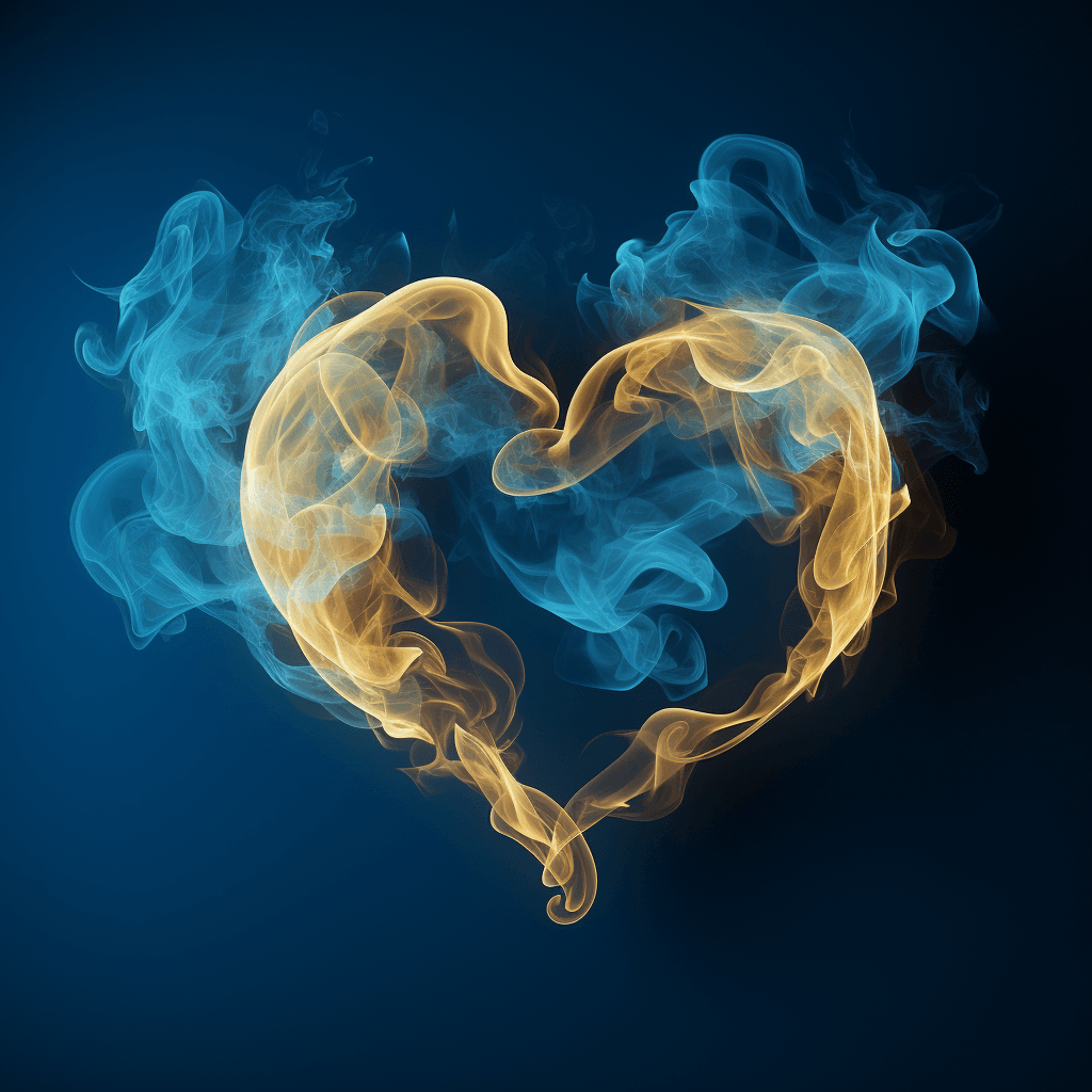 a golden heart shaped smoke on a blue background by midjourney
