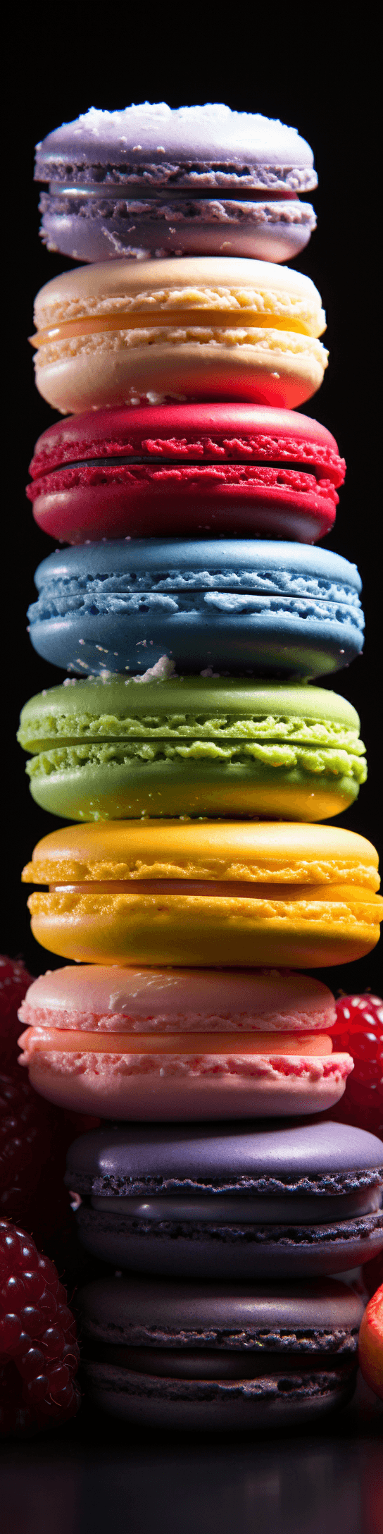 a single stack of rainbow macarons on a dark canvas by midjourney