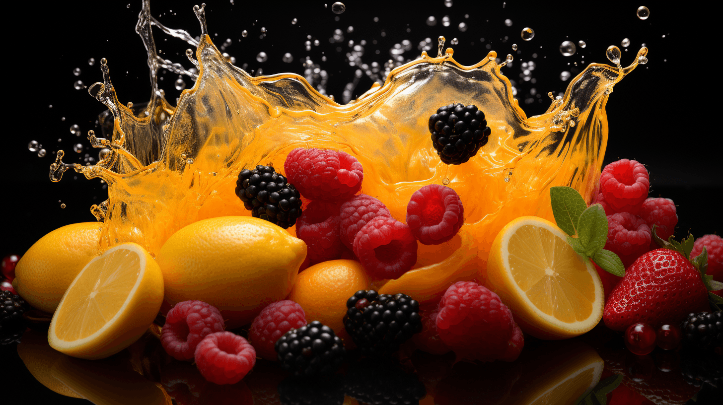 a splash of orange juice surrounding a variety by midjourney