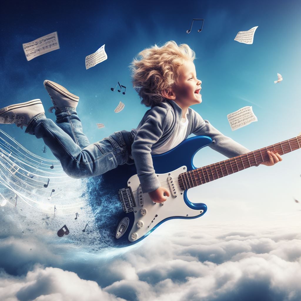 a young boy joyfully riding an electric guitar by dalle 3