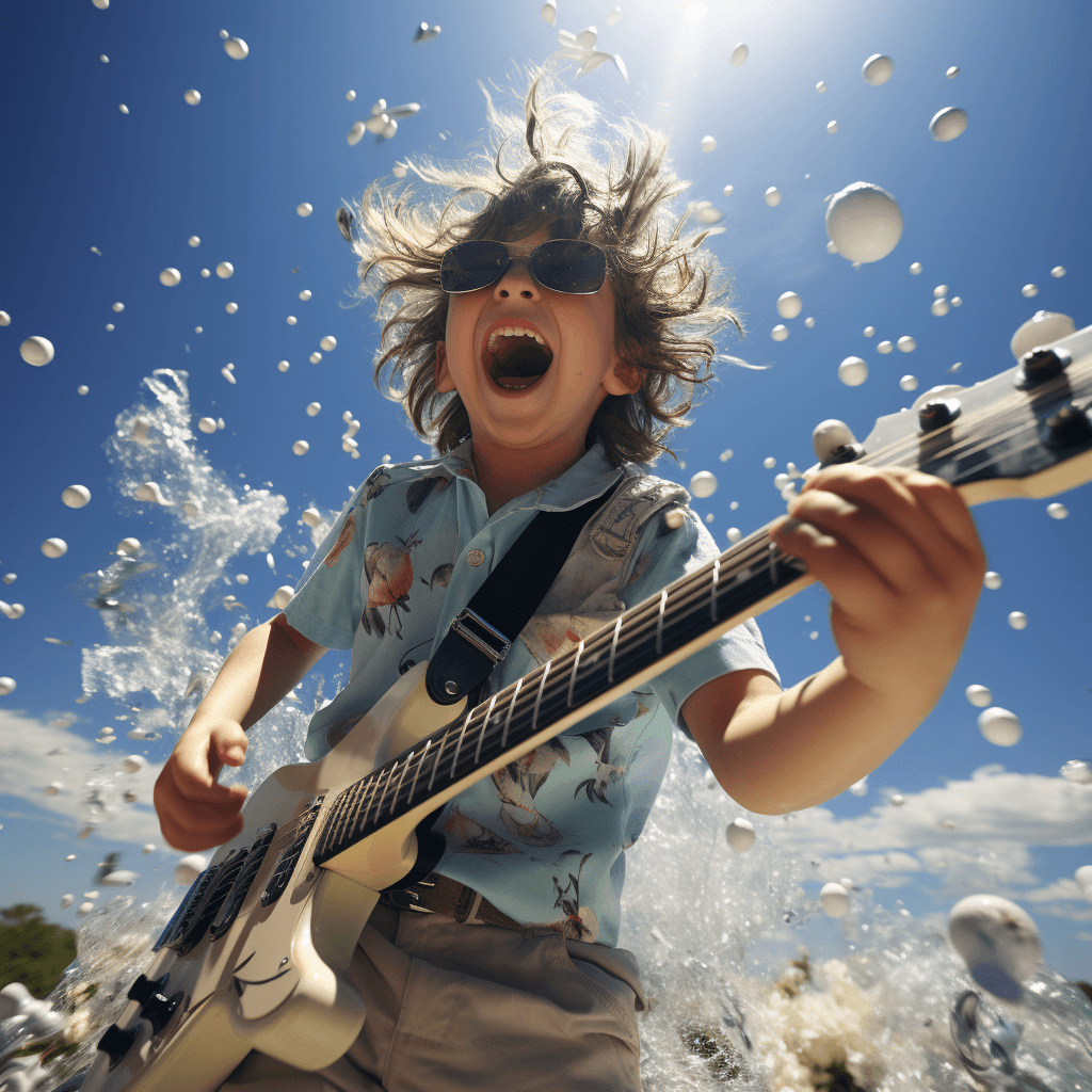 a young boy joyfully riding an electric guitar by midjourney