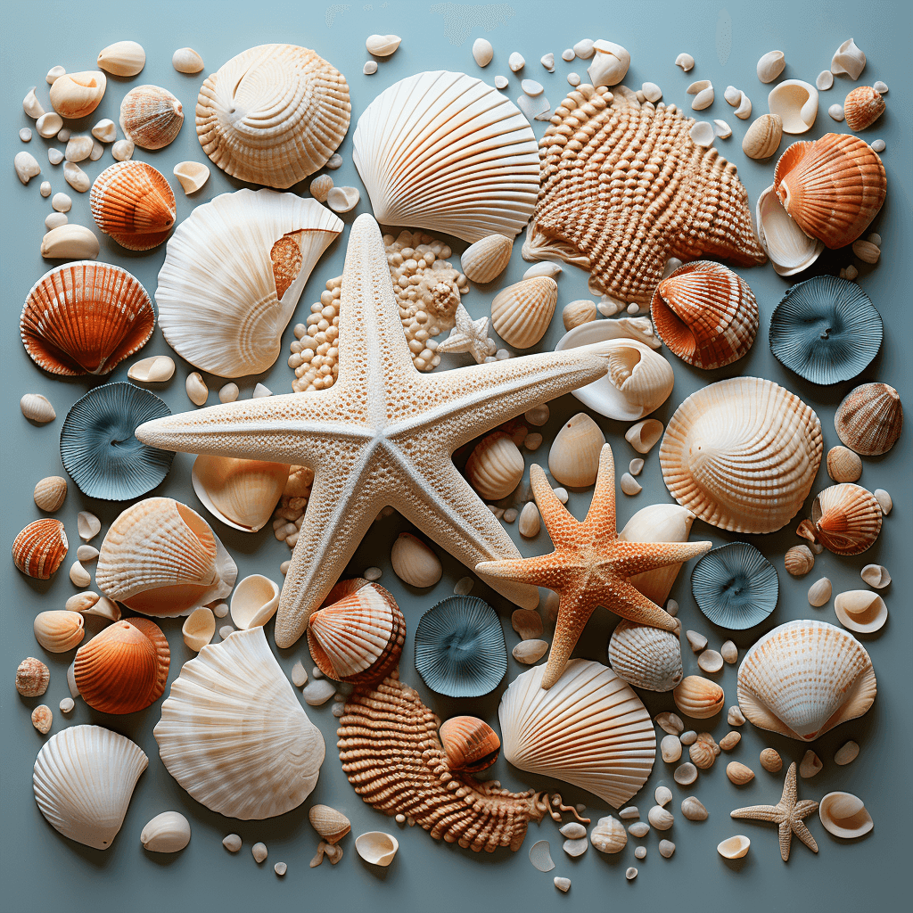 array of seashells and starfish by midjourney