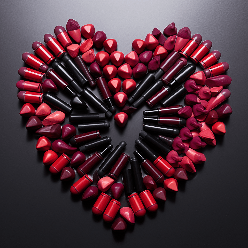 birds eye view of heart shape arrangement of lipstickes by midjourney
