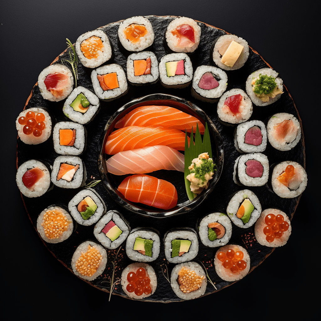 birds eye view of sushi rolls by midjourney