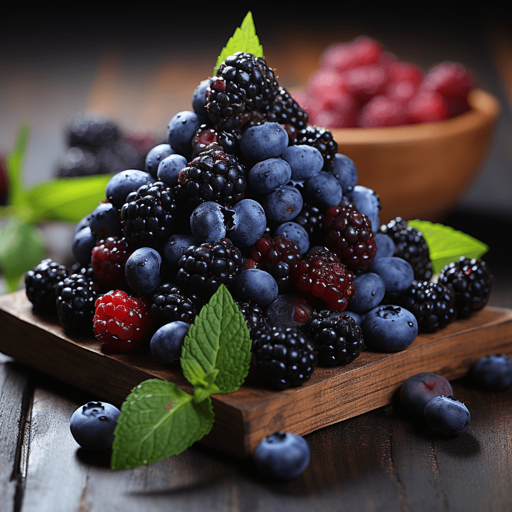 blueberries and blackberries arranged by midjourney