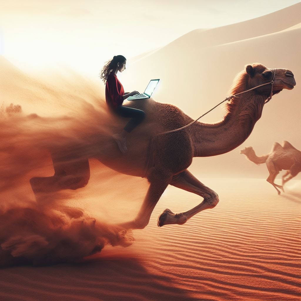camel running at full speed carrying a woman by dalle 3