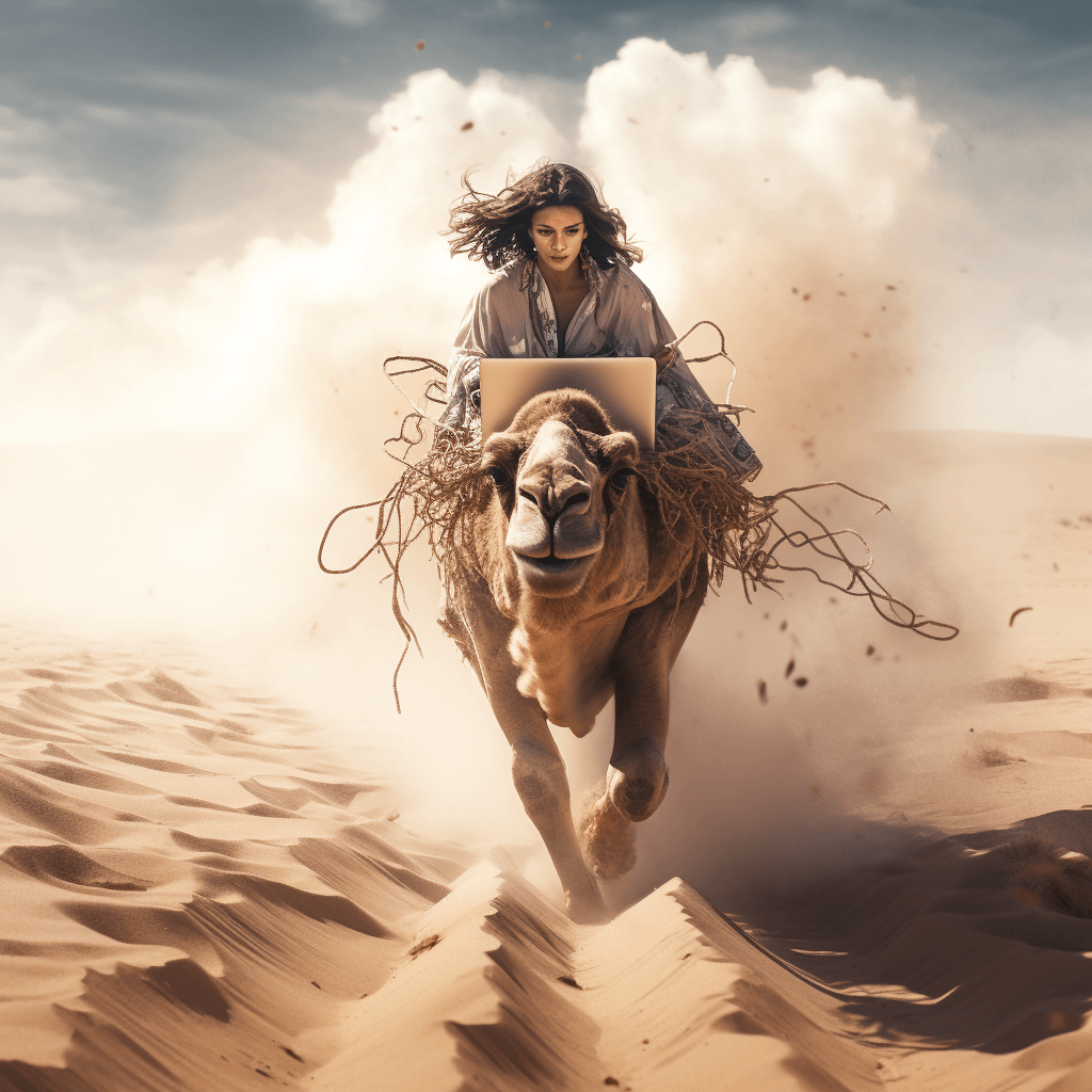 camel running at full speed carrying a woman by midjourney