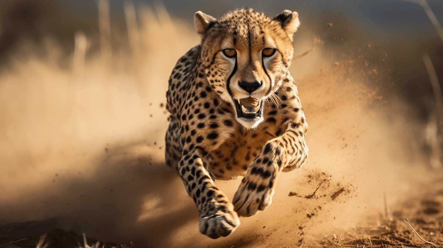 cheetah sprinting savannah dust in motion after by midjourney