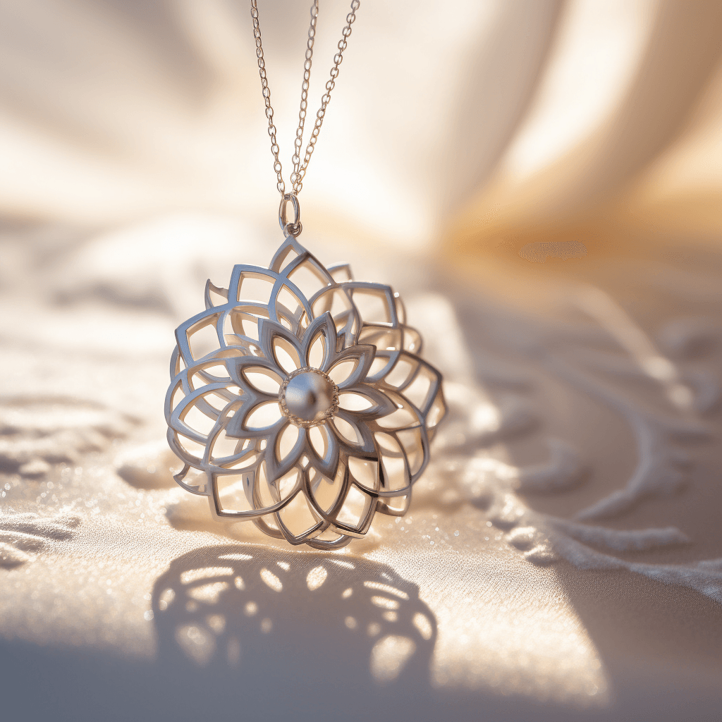 close-up shot of a intricate silver necklace by midjourney