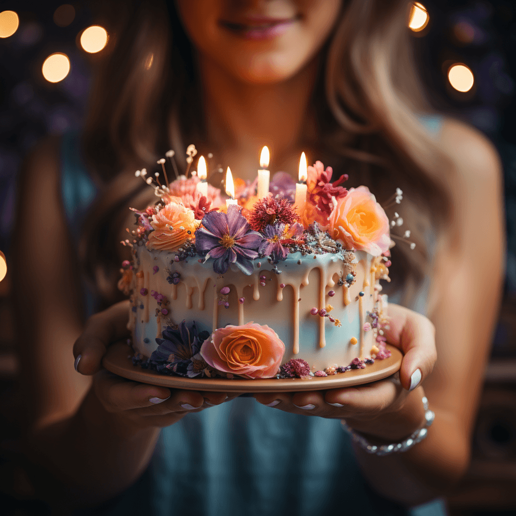 close-up top-down view of a womans hands holding a cake by midjourney