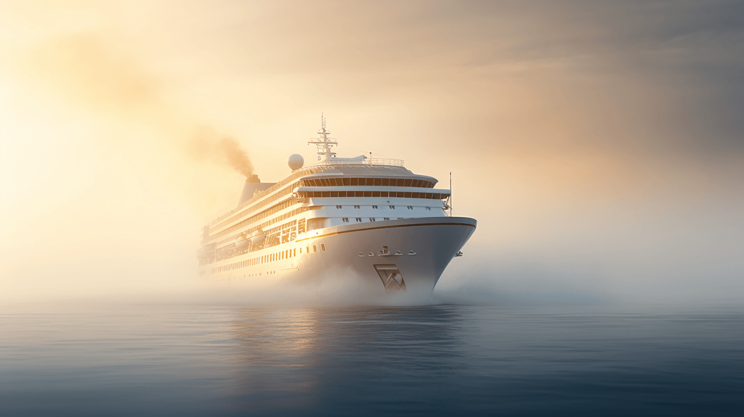 cruise ship emerges from thick morning mist by midjourney
