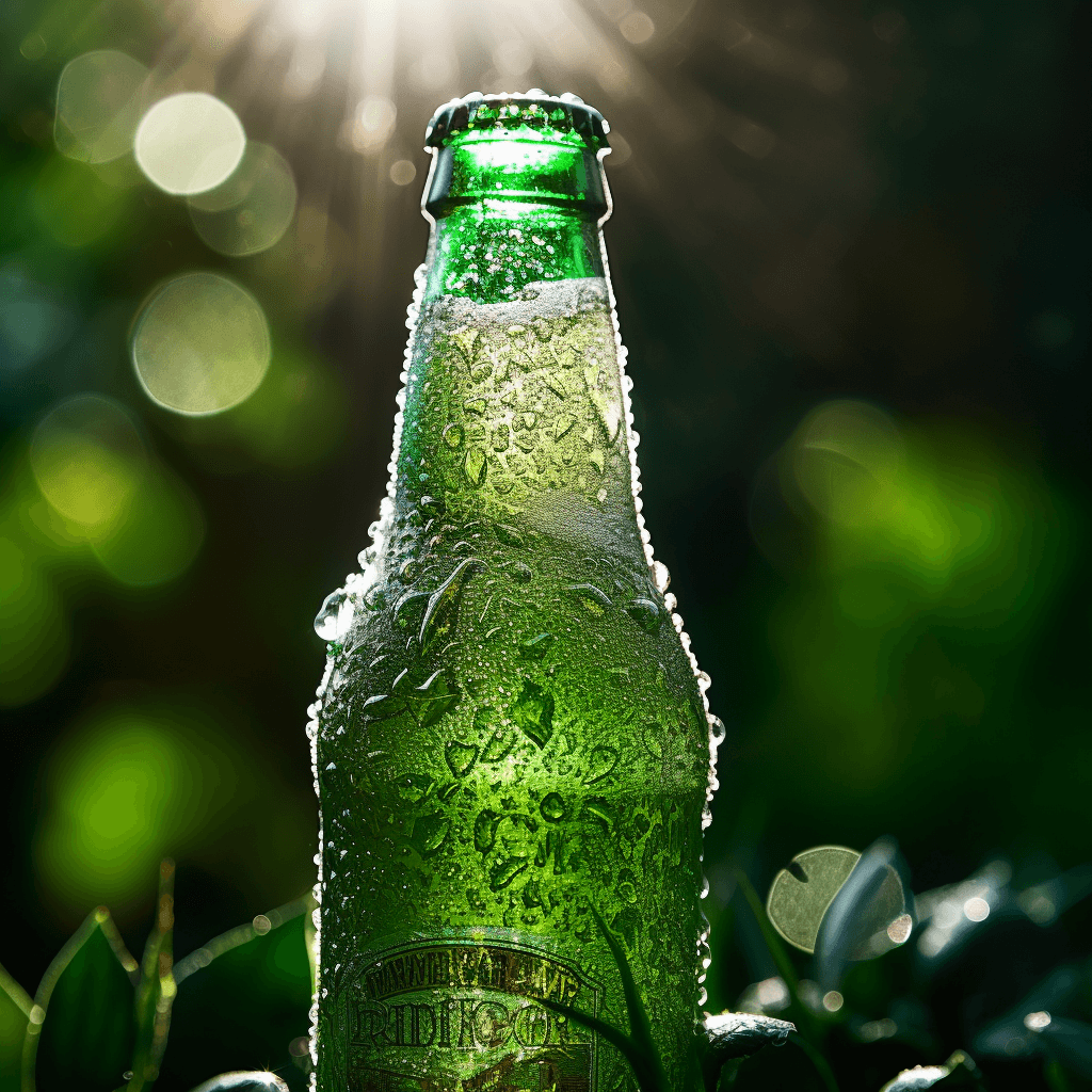 dew-covered beer bottle beverage macro outdoor by midjourney