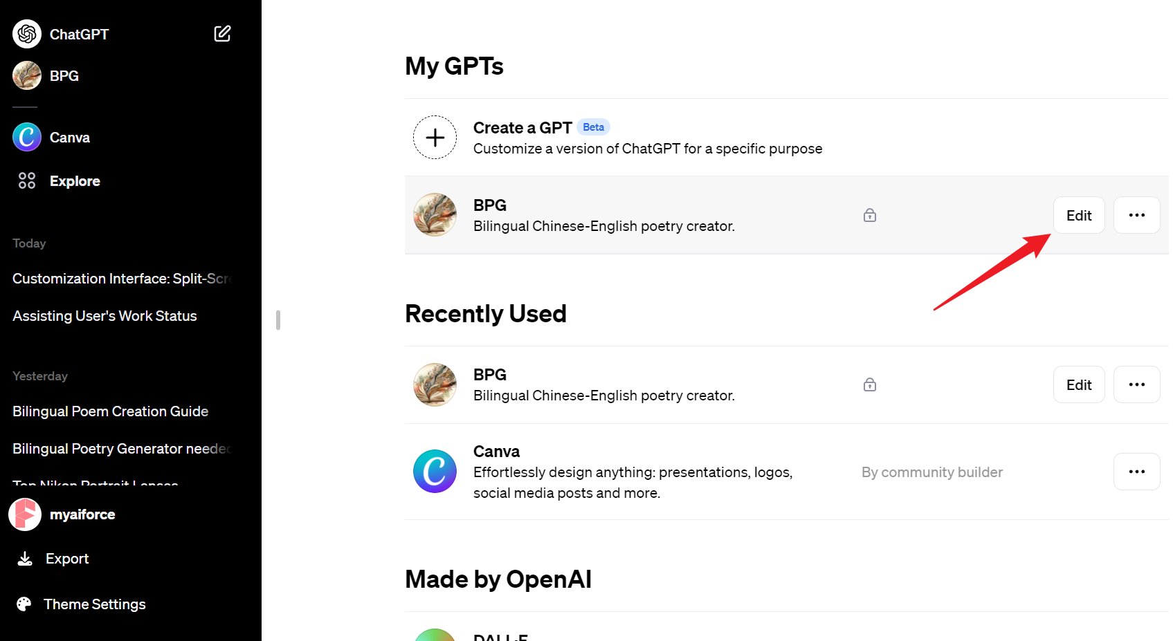 edit custom gpt page