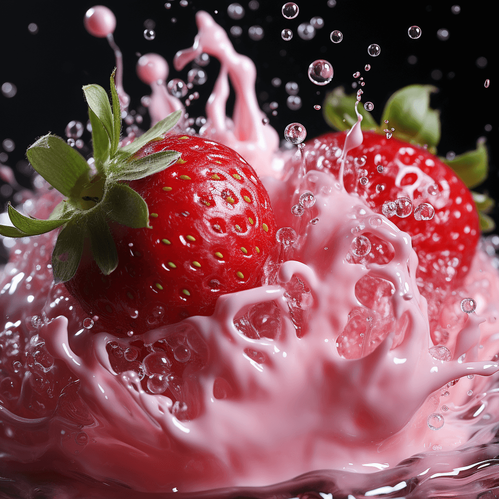 extreme close-up strawberry splashing milk soft by midjourney