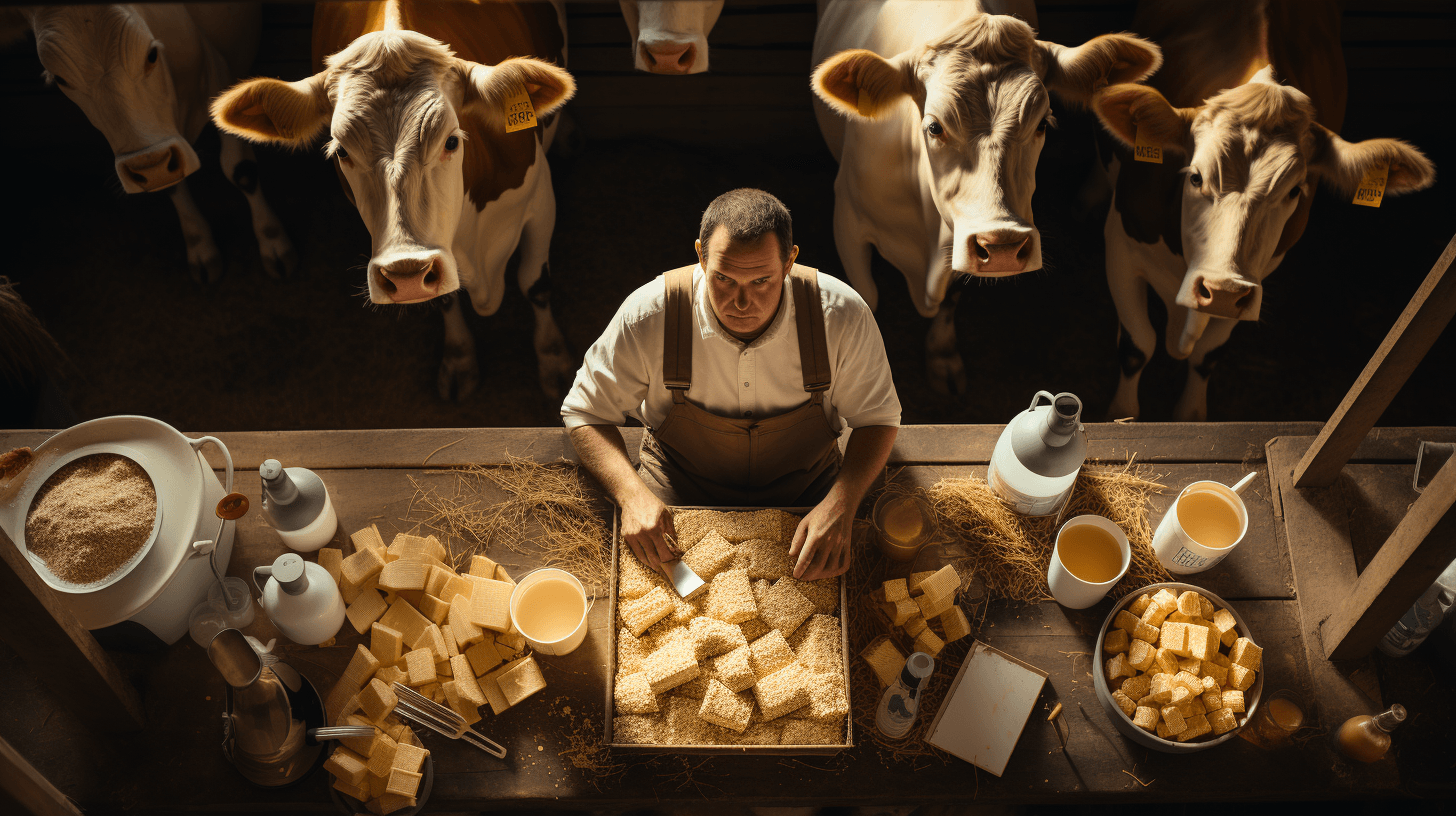 flat lay aerial shot of a dairy farmer by midjourney