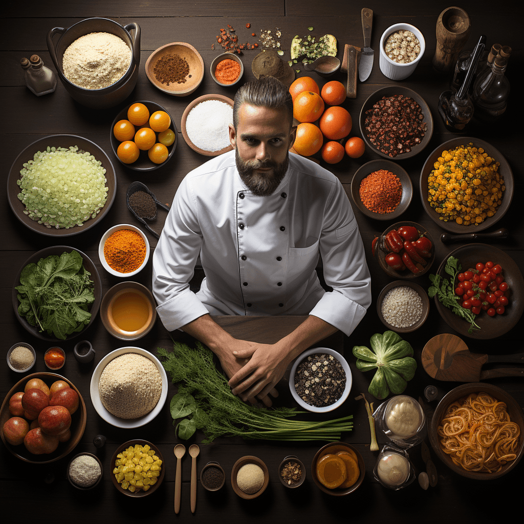 flat lay photography of a chef in white uniform by midjourney