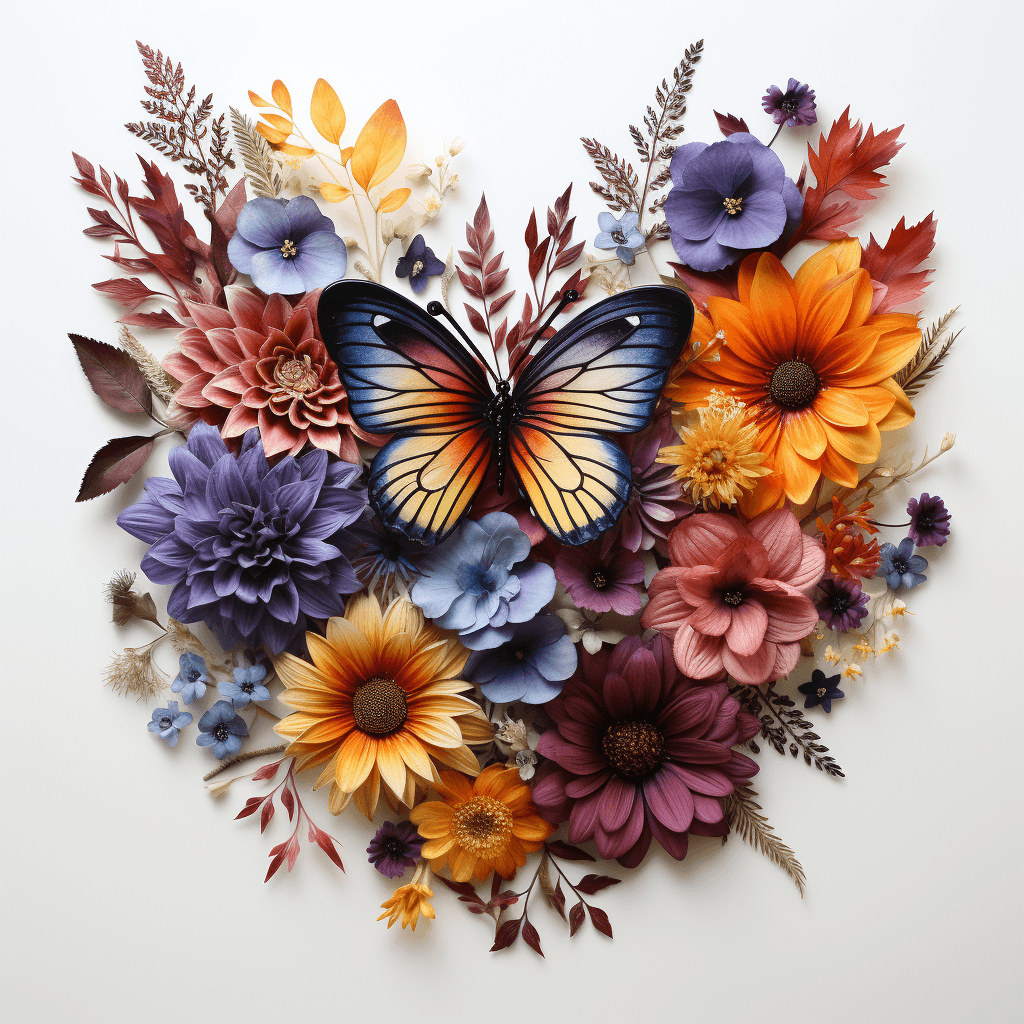flat lay colorful flowers leaves butterflies by midjourney